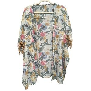 JODIFL Multicolor Floral Kimono Gold Open Front Oversized Sz M Layer